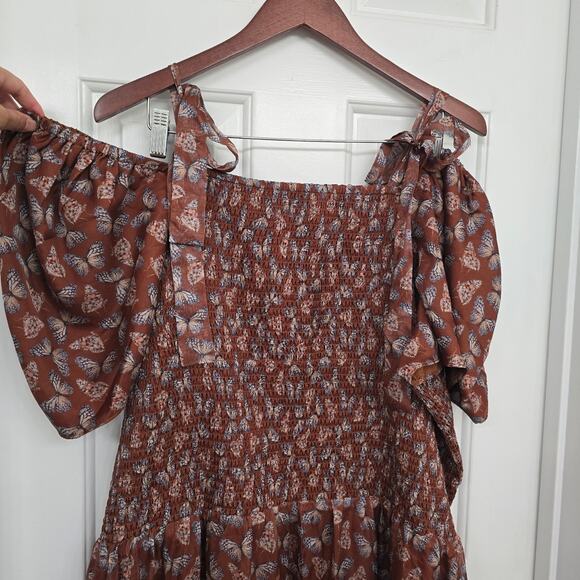 Ivy City Co Plus Sz 4X Butterfly Smocked Sundress Puff Sleeve Brown Cottagecore - Picture 4 of 11